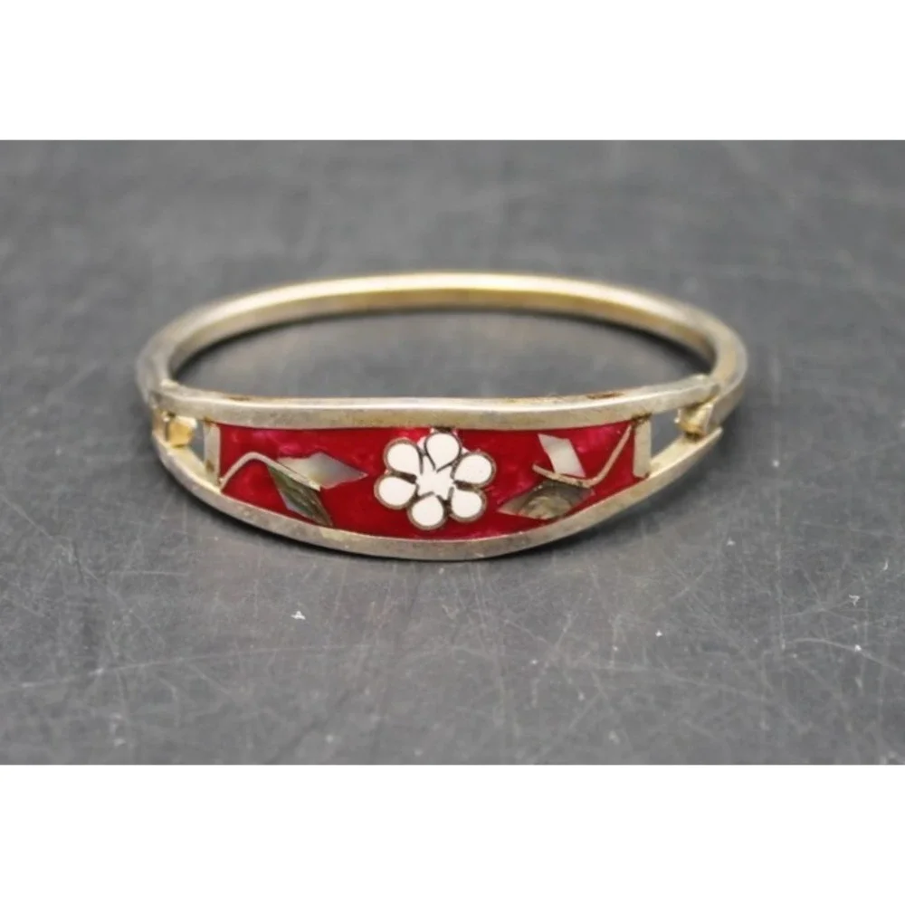 Vintage Mexico Sterling Silver Red Enamel Child Bangle Bracelet Mother of Pearl